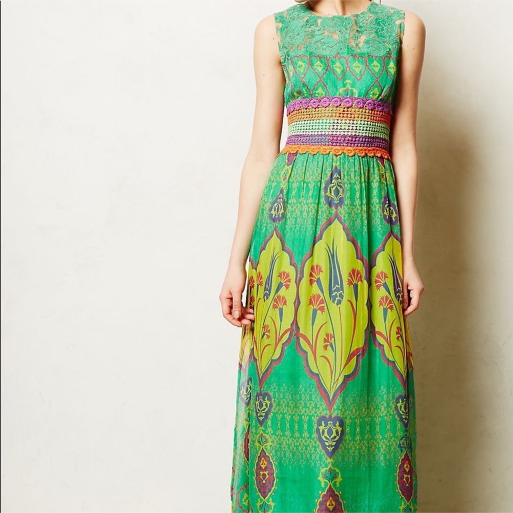 Anthropologie Hermant & Nandita Green Crochet Silk Maxi Boho Dress Size‎ 0